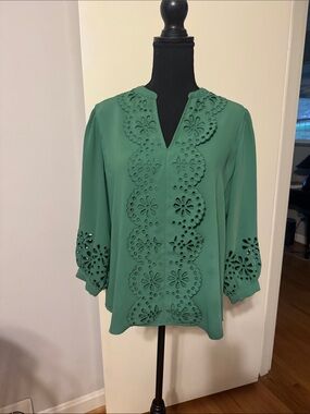 Chico's Green Eyelet-Trim Button Front Blouse